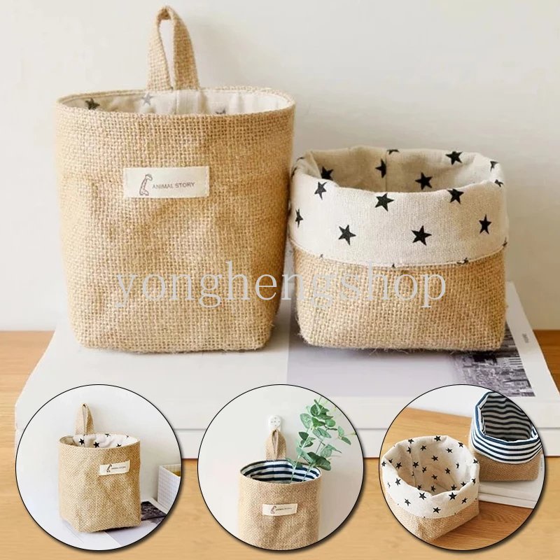 Jute Cotton Linen Storage Bag Mini Desktop Storage Basket Foldable ...