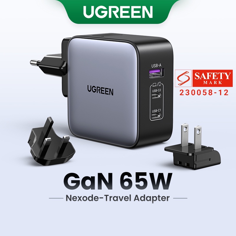 UGREEN 65W GaN PD Fast Travel Charger Quick Charge - 2C1A 2 Type C 1 USB A Charger with UK/EU/US Plugs for iPad Pro 2021, MacBook M1, iPhone 14, 13 Pro Max Safety Mark 230058-12