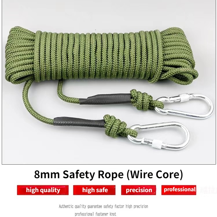 8mm Wire Core Safety Rope with 2 Climbing Buckles Static Utility Rope ...