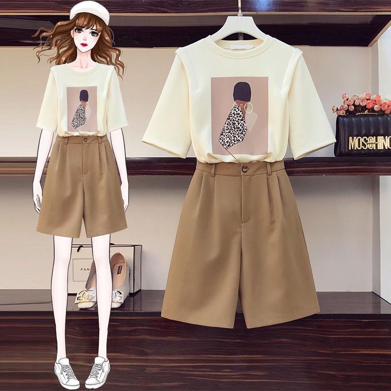 [Ready Stock Hot Sale] 2023 Summer New Style Fashion Shorts Suit Women Korean Version High Waist Loose Girls Two-Piece Trendy Short-Sleeved Top Plus Size Women's Clothing
