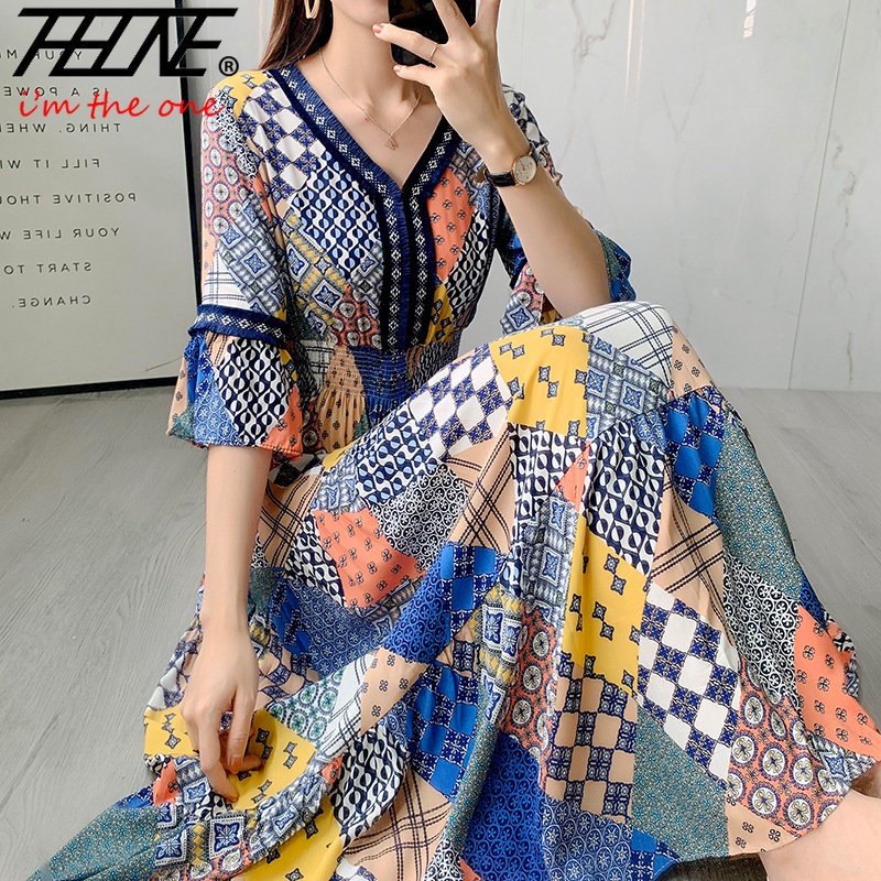 Women Indian Dress Vintage Korean Style Bohemian Casual Loose Vestidos ...