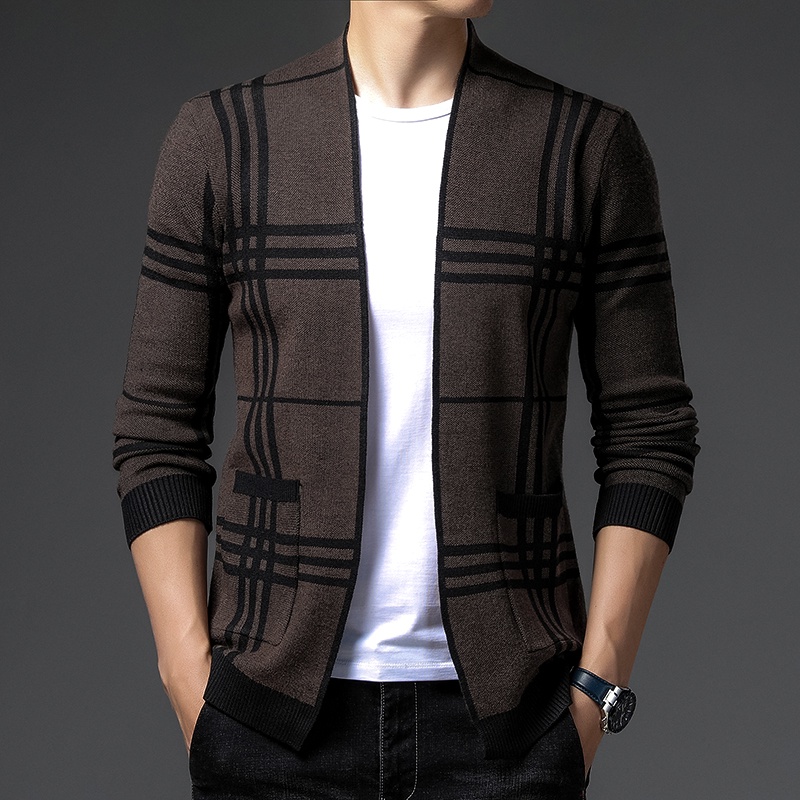 2023 Men's Knitted Cardigan Stripe Straight Print Cardigan Pocket