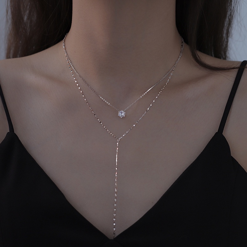 Korean Y-shaped Double-layer Tassel Long Necklace Silver Single Diamond  Shiny Clavicle Chain for Women Simple Fashion Accessories Jewelry