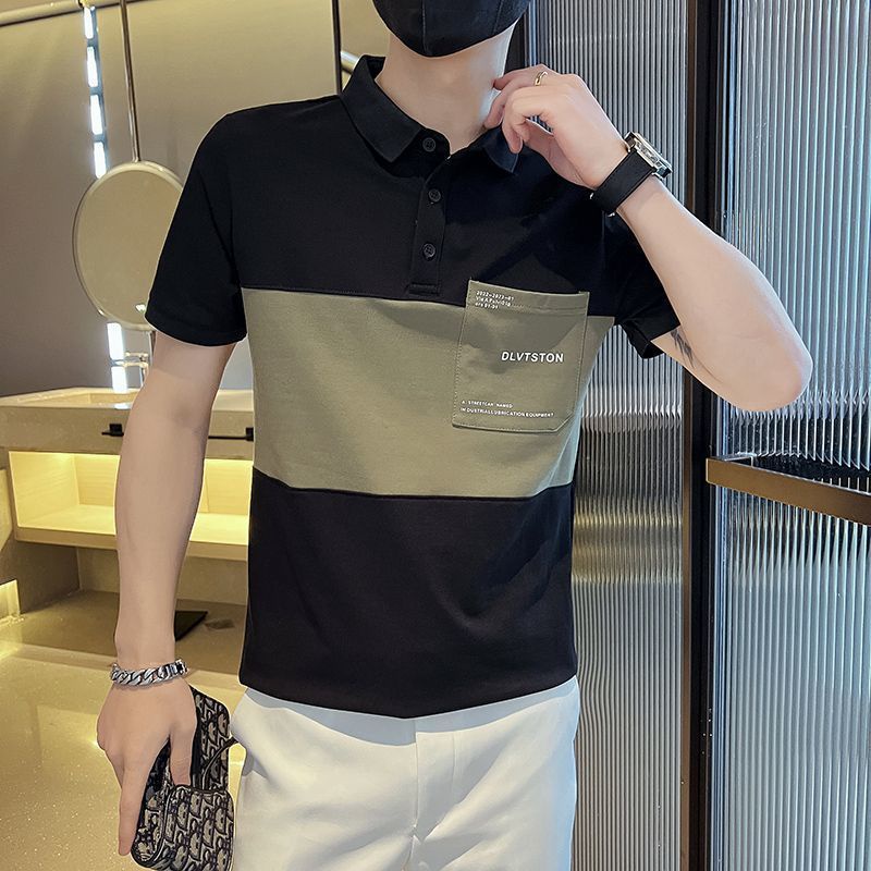 Men's short sleeve polo unlined upper garment, 2023 new handsome senior men's fapolo衫男士短袖2023痞帅高级感男装时尚上衣拼接潮牌t恤2023.4.5