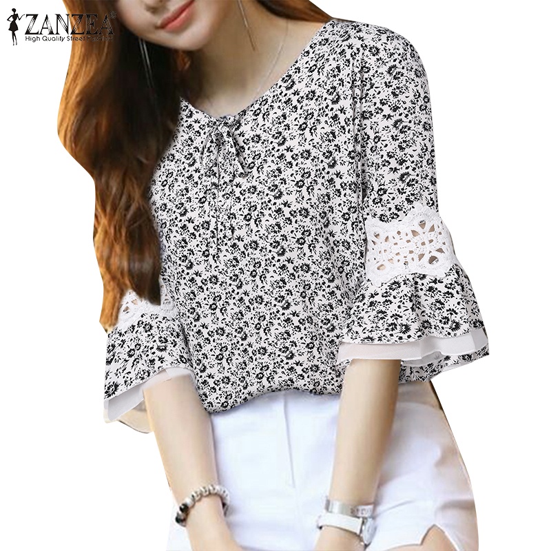 Zanzea Women Korean Casual Round Neck Splicing Lace Floral Printing Half Sleevea Red Top Blouses 7416