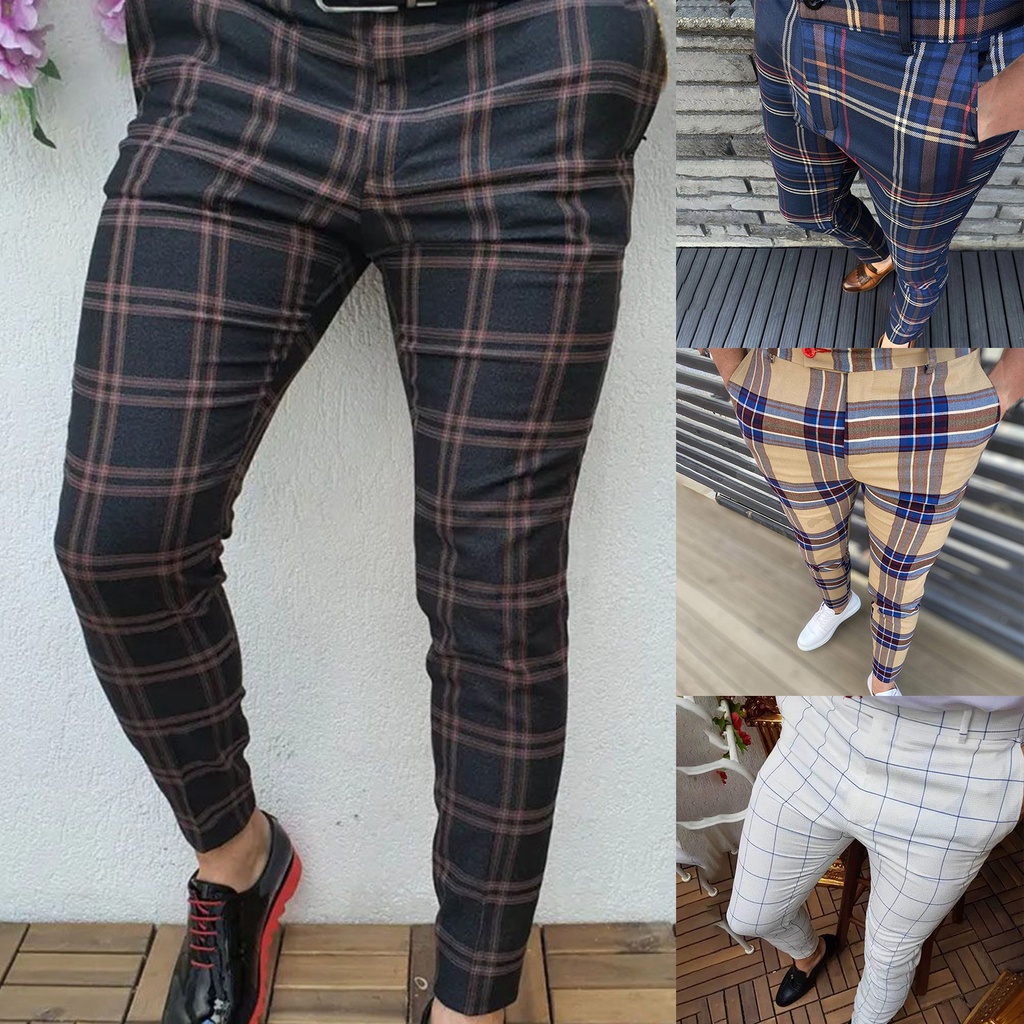 COD-Men Pants Plaid Slim Spring Autumn Mid-rise Checkered Pattern ...