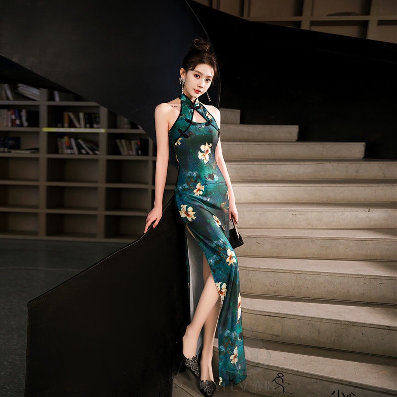 2023 Green Blue Chinese National Cheongsam Women Summer Sexy Backless Dress Sleeveless Floral Elegant Vintage Dress Long Qipao Big Size S to 5XL Shopee Singapore