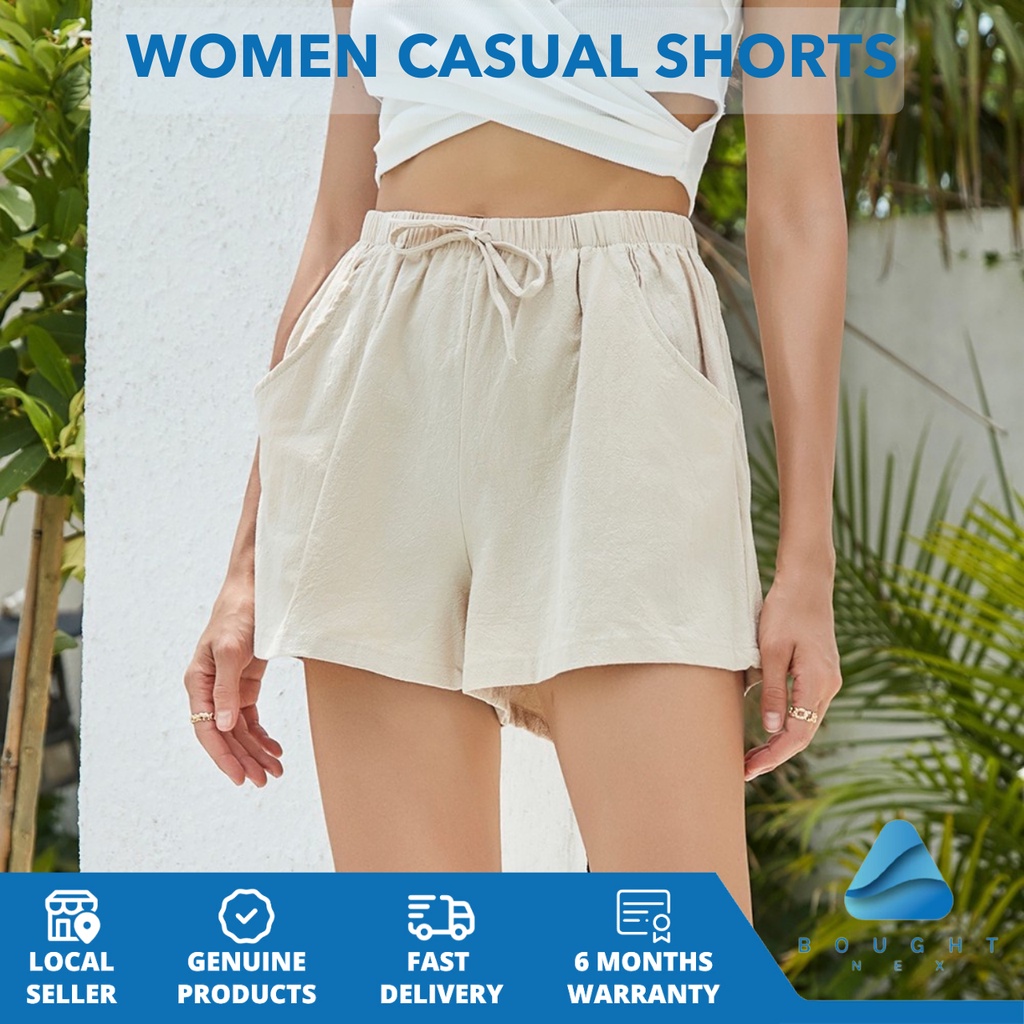 Women Summer Casual Shorts Elastic Waist Short Straight Short with Pockets Tie Front Cotton