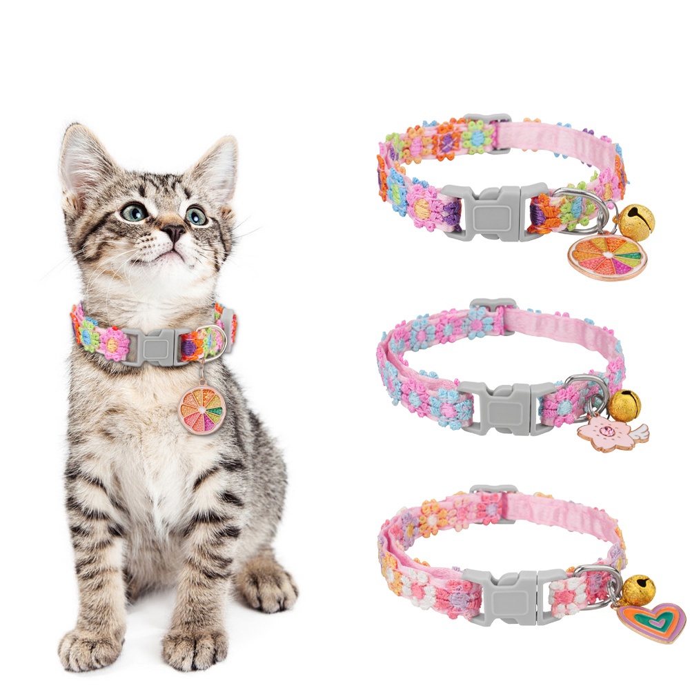 Colorful Lace Tabby Cat Collar with Bell and Metal Pendant To Prevent Lost Adjustable Cute Girl Pet Collar for Kittens Puppies Shopee Singapore