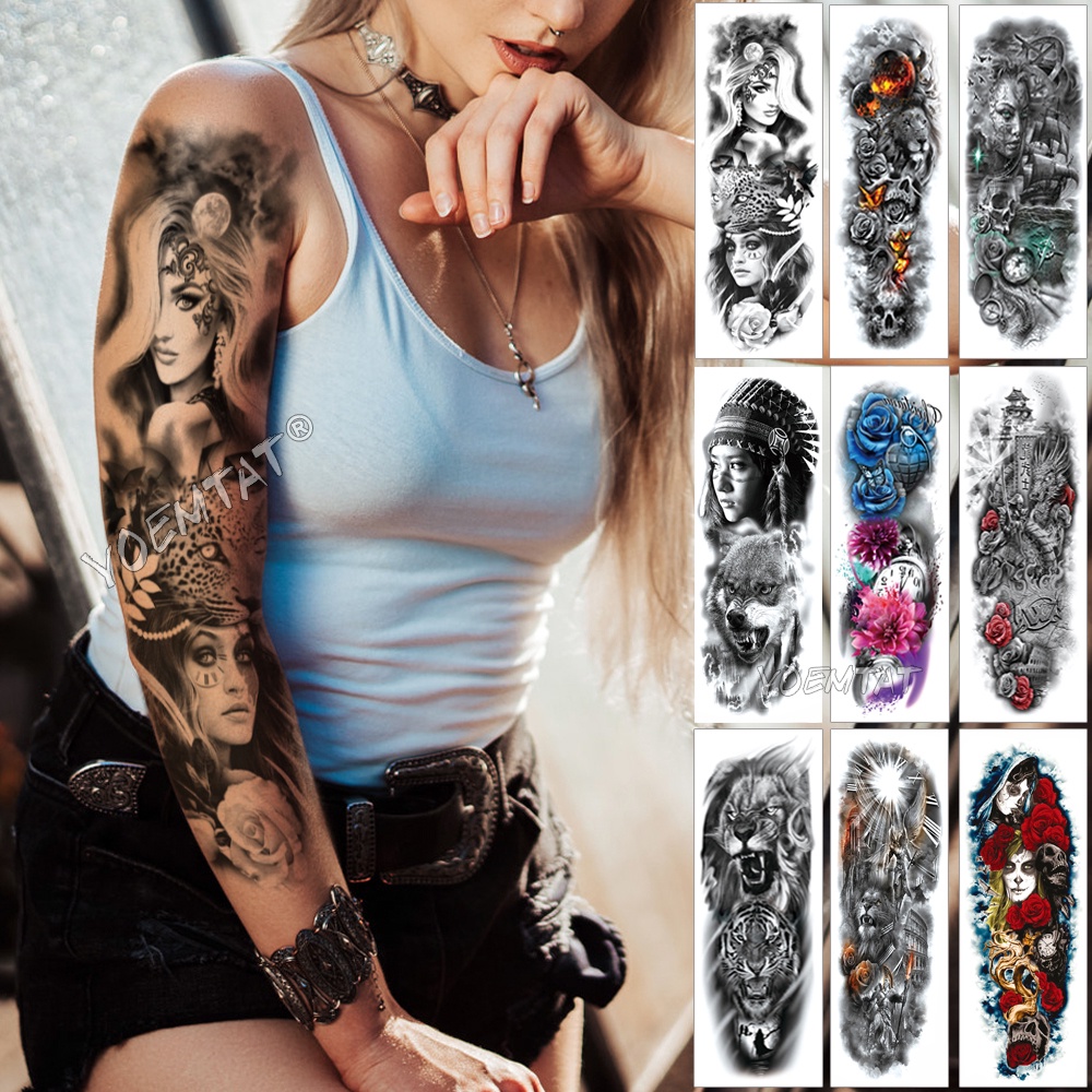Large Arm Waterproof Temporary Tattoo Stickers Tribal Girl Leopard Lion ...