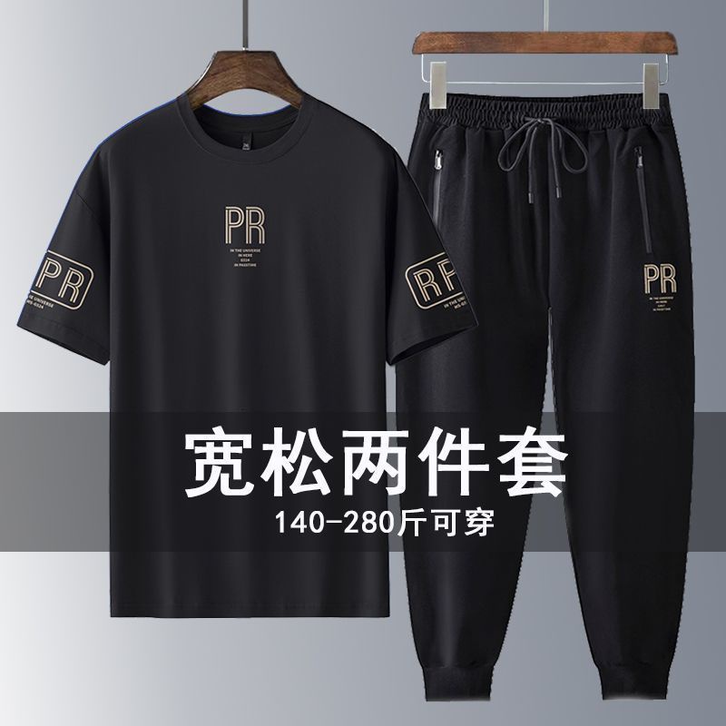 large size sports suit men's spring and summer new style with added fat and short sleeved long pants for men's loose and slim casual men's clothing