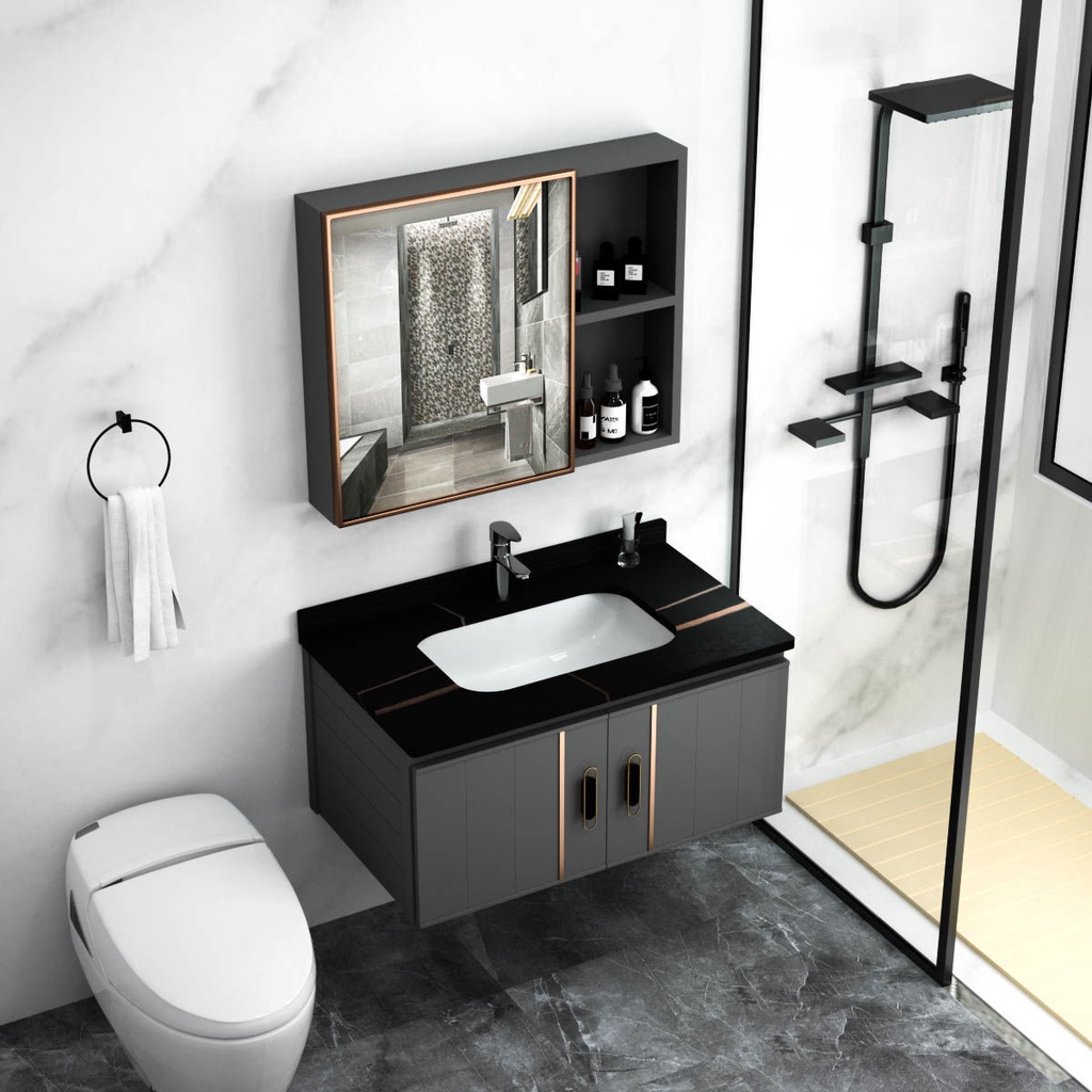 {SG Stock}vanity Aluminum Bathroom Basin Set Ceramic Sink with Mirror and Shelf