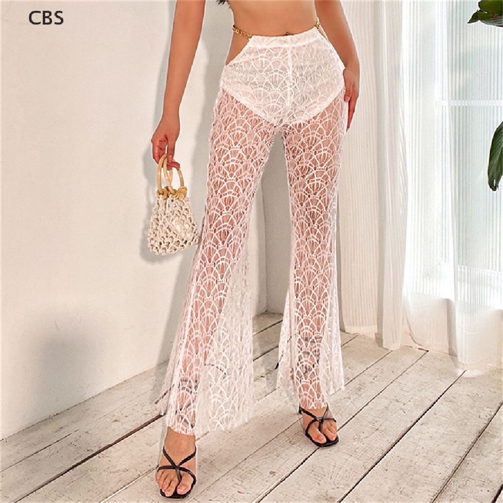 CBS Women Lace See Through Flare Pants Metal Chain High Waist Trousers ...