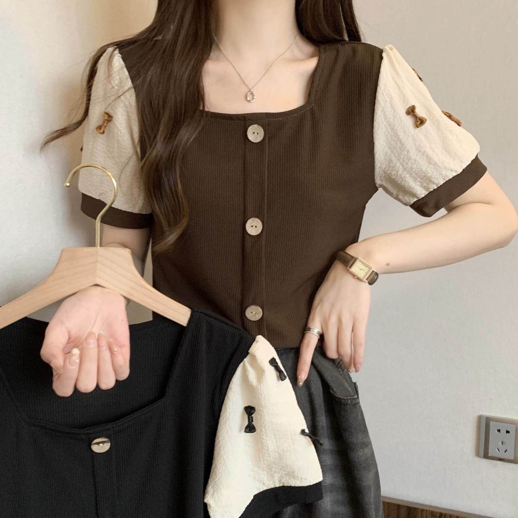 Plus Size Women's Clothing Fat mm Contrast Color Square Neck Stitching Short-Sleeved t-Shirt Women Summer New Style Vintage Design Slimmer Look ins Top