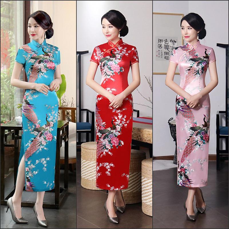 Chinese Traditional Classic Qipao Women Silk Satin Phoenix Long