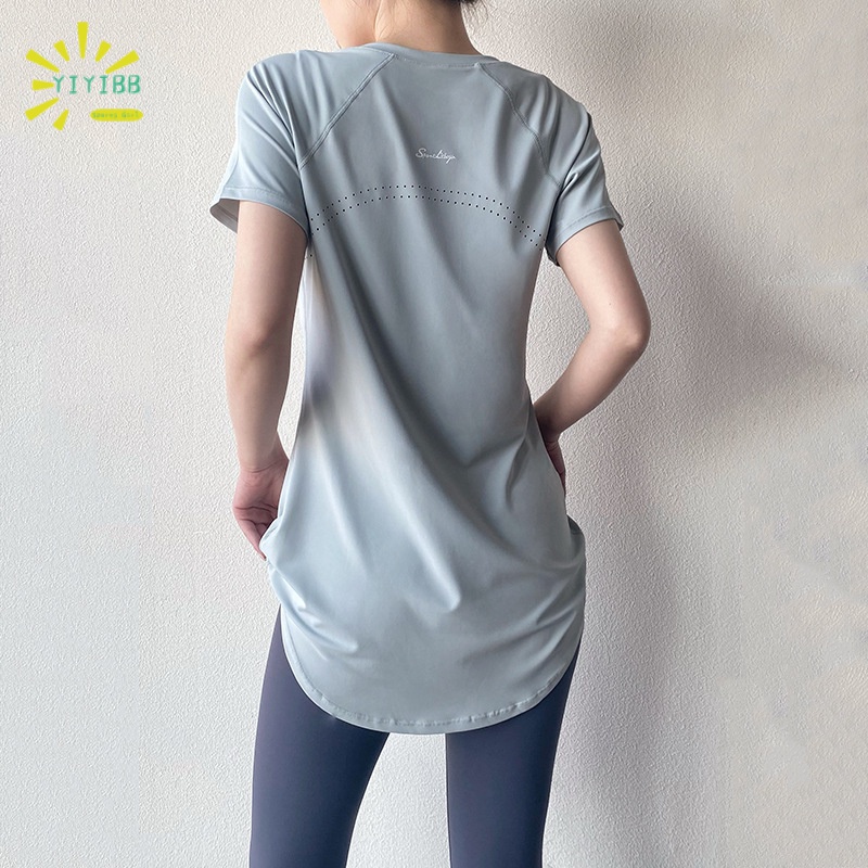 [YIYIBB] women's short-sleeved hip-covering yoga clothing Women's Mid-length hip-covering slimming quick-drying top women's breathable fitness sports T-shirt women's thin