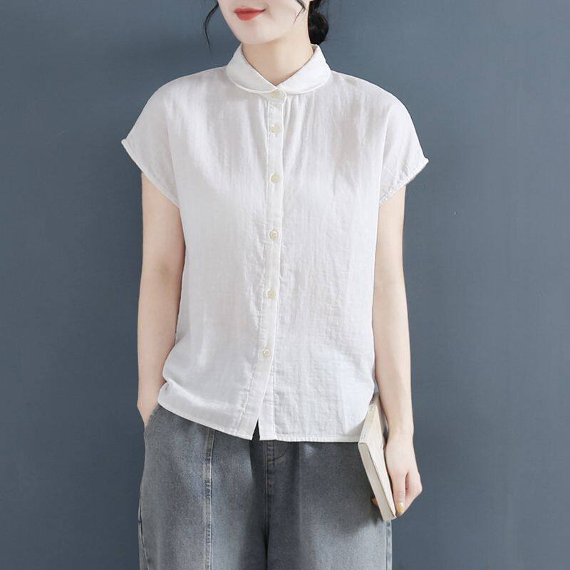 Summer Casual Cotton Linen Shirt Women Short Sleeve Comfortable Plain ...