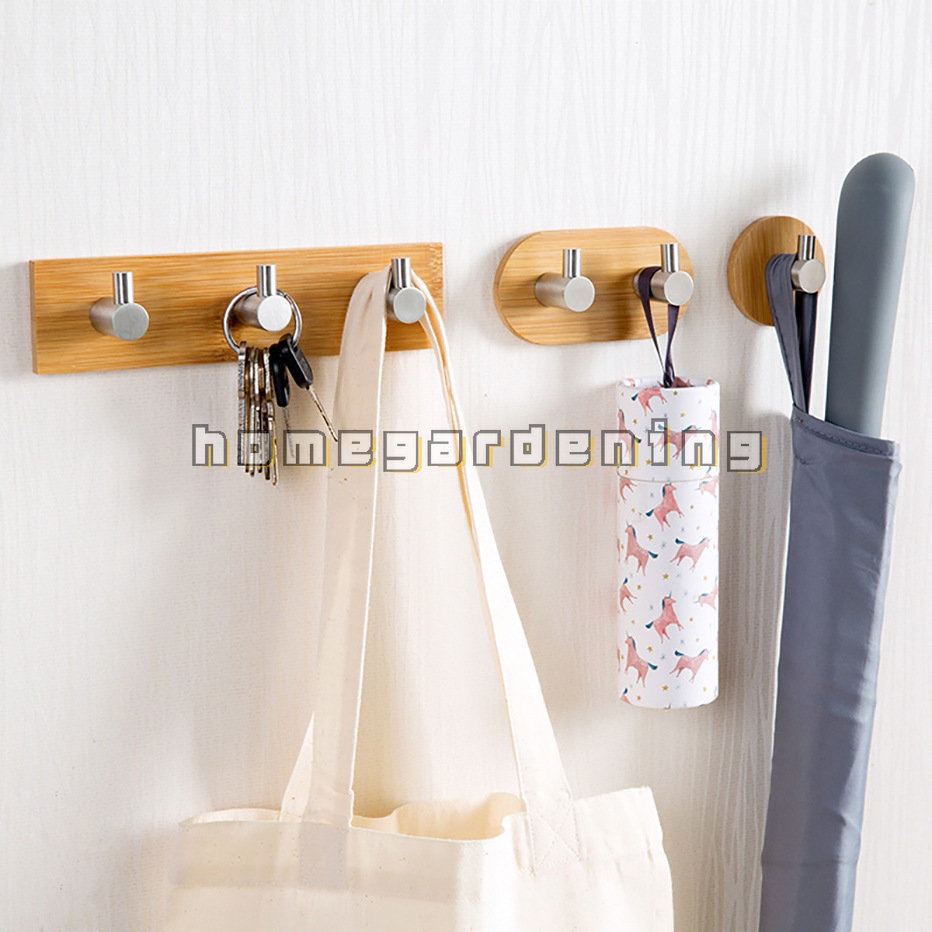 Natural Stainless Steel Bamboo Wood Adhesive Hook Wall Clothes Bag Key Hanger Single Double Three Row Hook Easy To Install