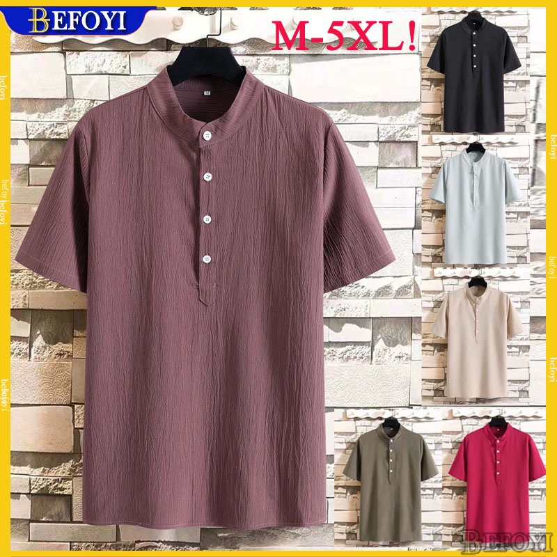 Men's shirts linen chinese collar casual short sleeves stand collar ...