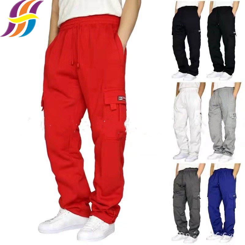 Men s Fleece Cargo Sweatpants Open Bottom Straight Leg Casual