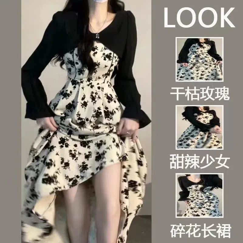 Floral Dress Women's Clothing 2023 Spring New Style French Simple Commuter Korean Version Versatile Slimmer Look A-Line Skirt Sun-Proof Top