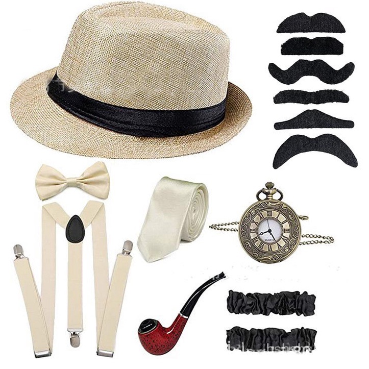 SMT🛕QM Halloween Great Gatsby Cosplay Costume 1920s Mens Gangster Accessories Set Fedora