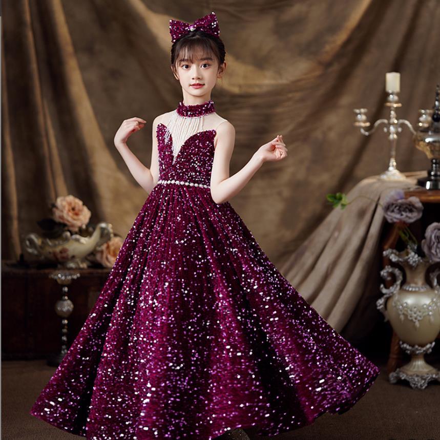 Child Girl Evening Sequins Dress Birthday Wedding Party Dress