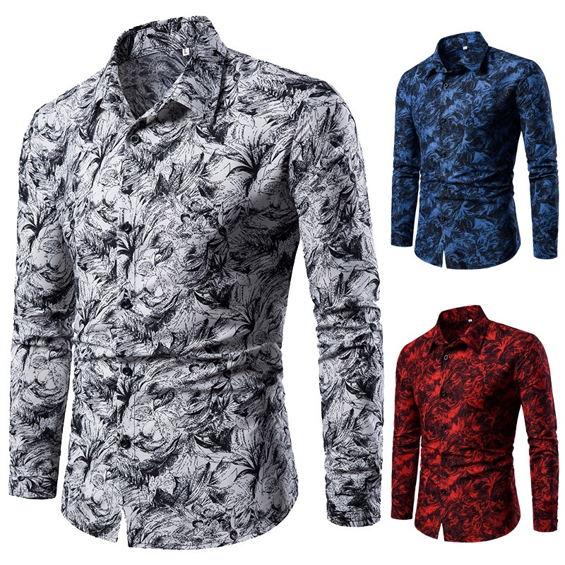 New Men's Long Sleeve Shirt European and American Men's Casual Printed ...