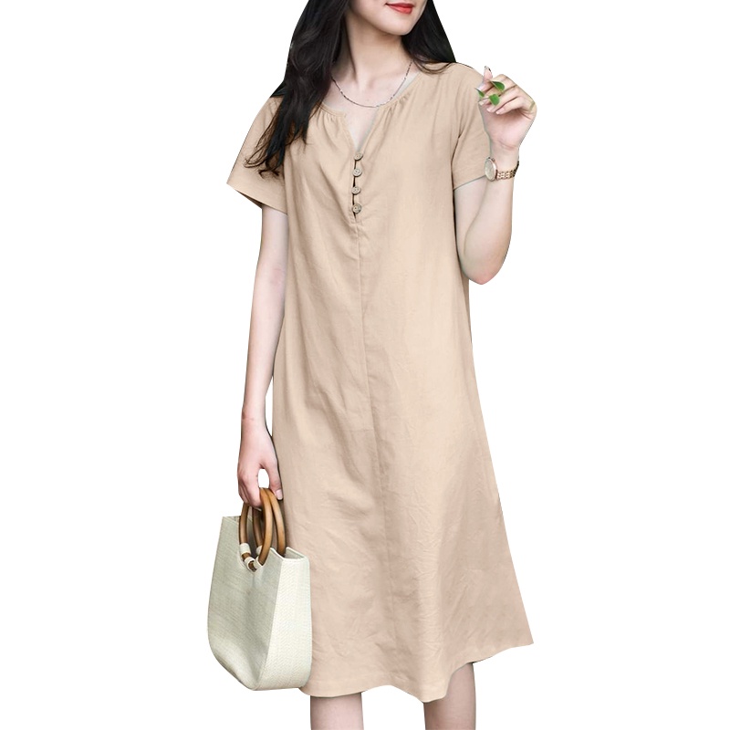 ZANZEA Women Korean Cotton Linen V-Neck Short Sleeve H-Shaped Dresses |  Shopee Singapore