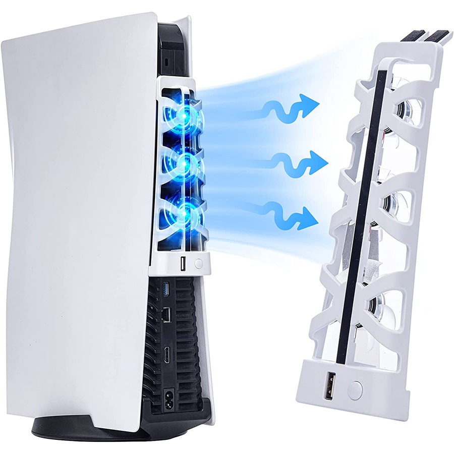 Upgraded PS5 Cooling Fan with LED Light USB Port Quiet 3 Fans White ...