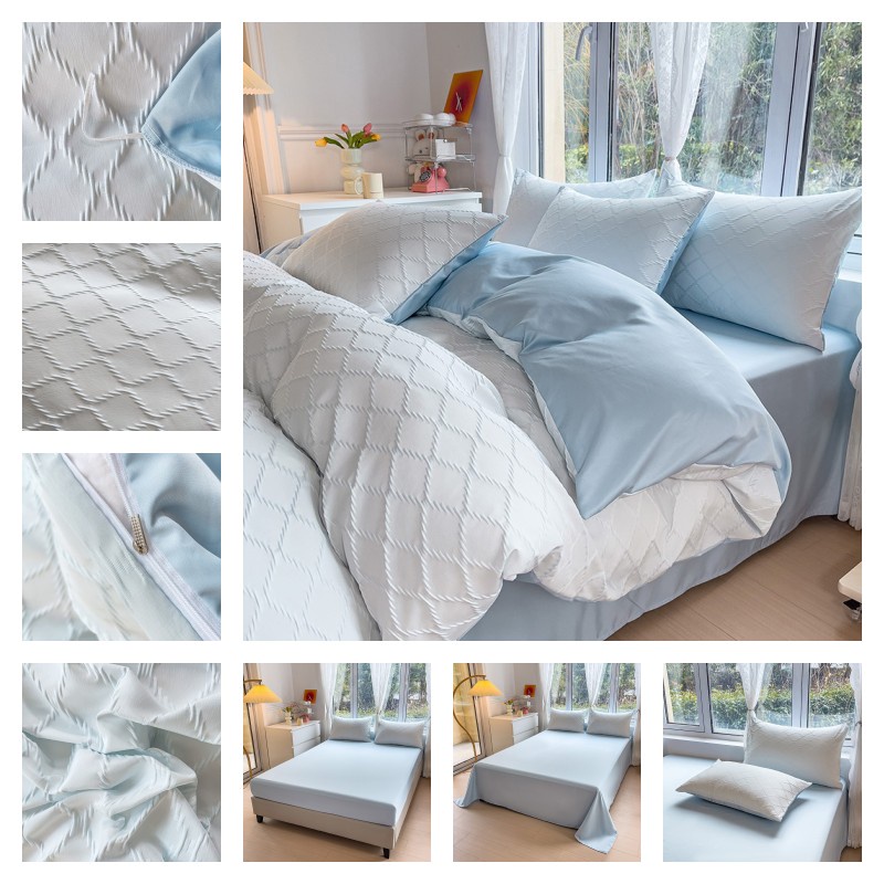 4 IN 1 Pure Blue Small Fresh Style Bedding Set Seersucker Washed Silk