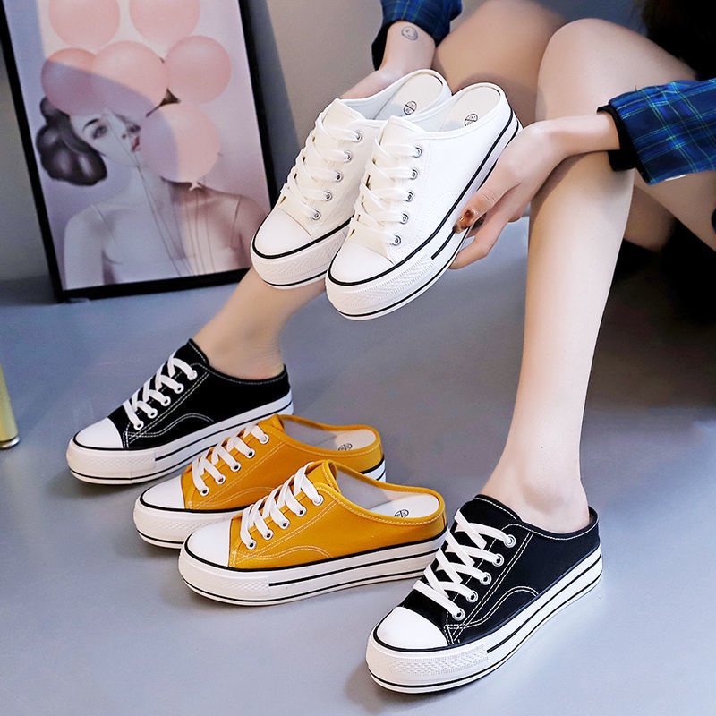 5cm thick sole Korean style half drag student flat canvas shoes ...