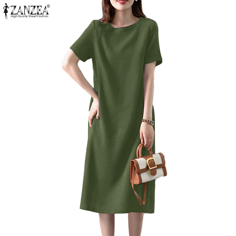 ZANZEA Women Korean Holiday Round Neck Short Sleeves Solid Color Casual ...