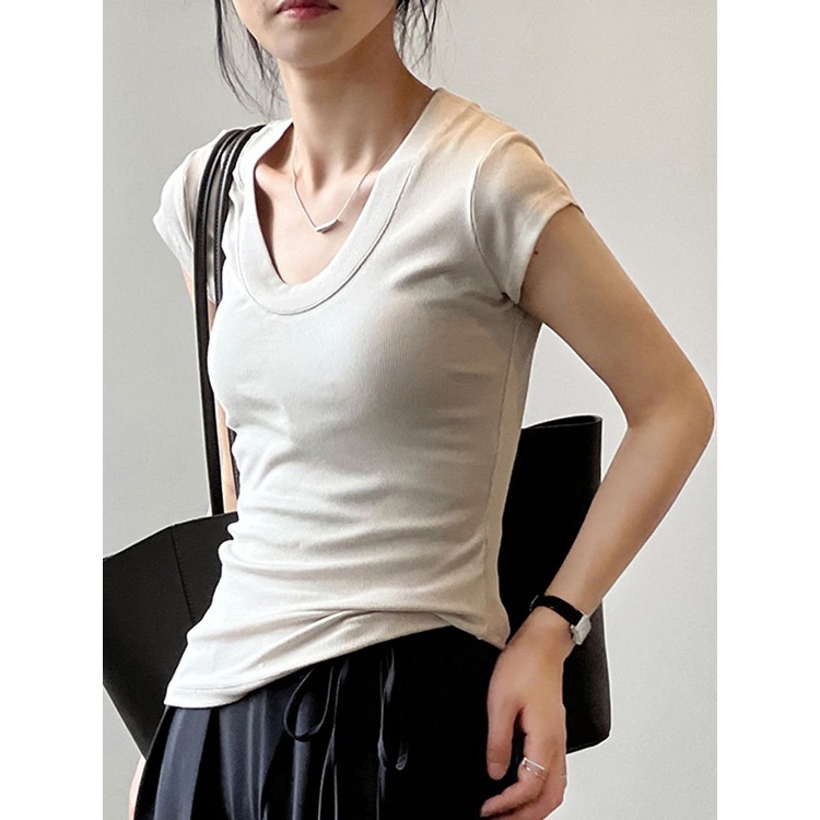 Women's U-neck T-Shirt Casual Basic Short Sleeve Top Slim Fitted - Main Image