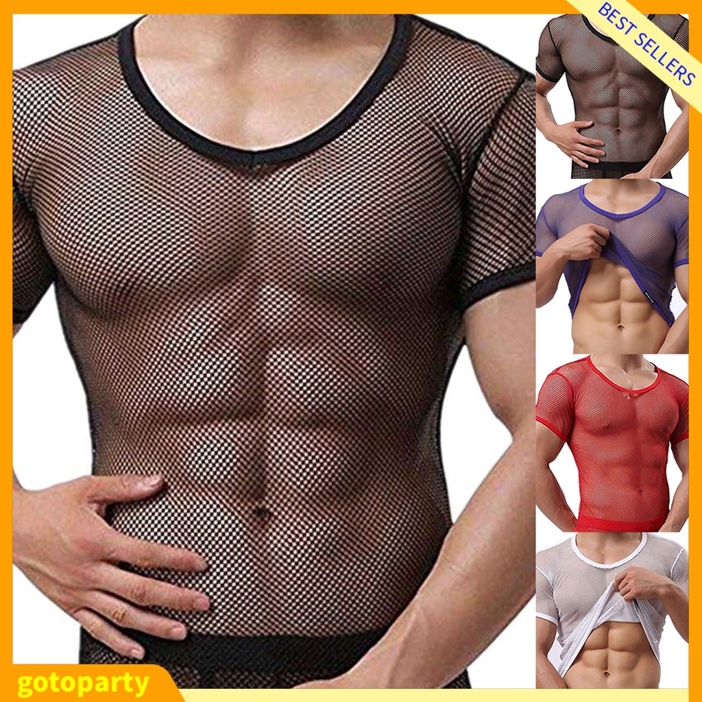 Men's Mesh Fishnet See Through Shirt Short Sleeve Muscle Undershirts Tee  Tops