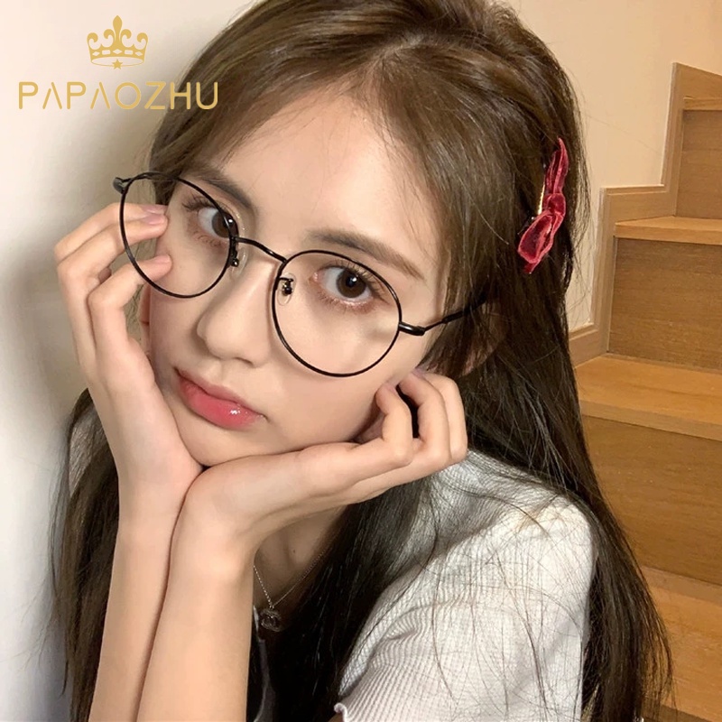 PAPAOZHU Temperament Black Round Metal Frame Eyeglasses for Women
