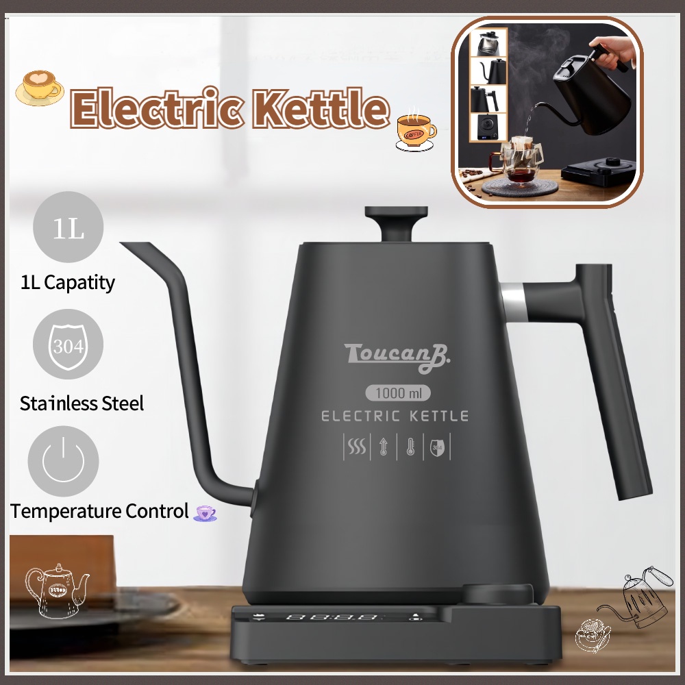 Fast Variable-Temperature Gooseneck Coffee Kettle by TIMEMORE, 1350 watts,  30oz (0.8L) Electric Pour Over Kettle with Temperature Control, Stainless
