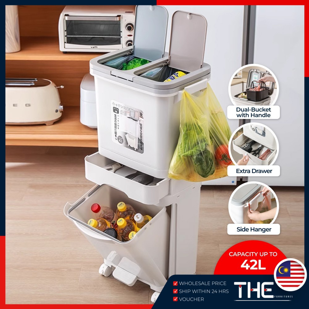 THE 42L Movable Household Sorting Trash Can Large Garbage Storage Box