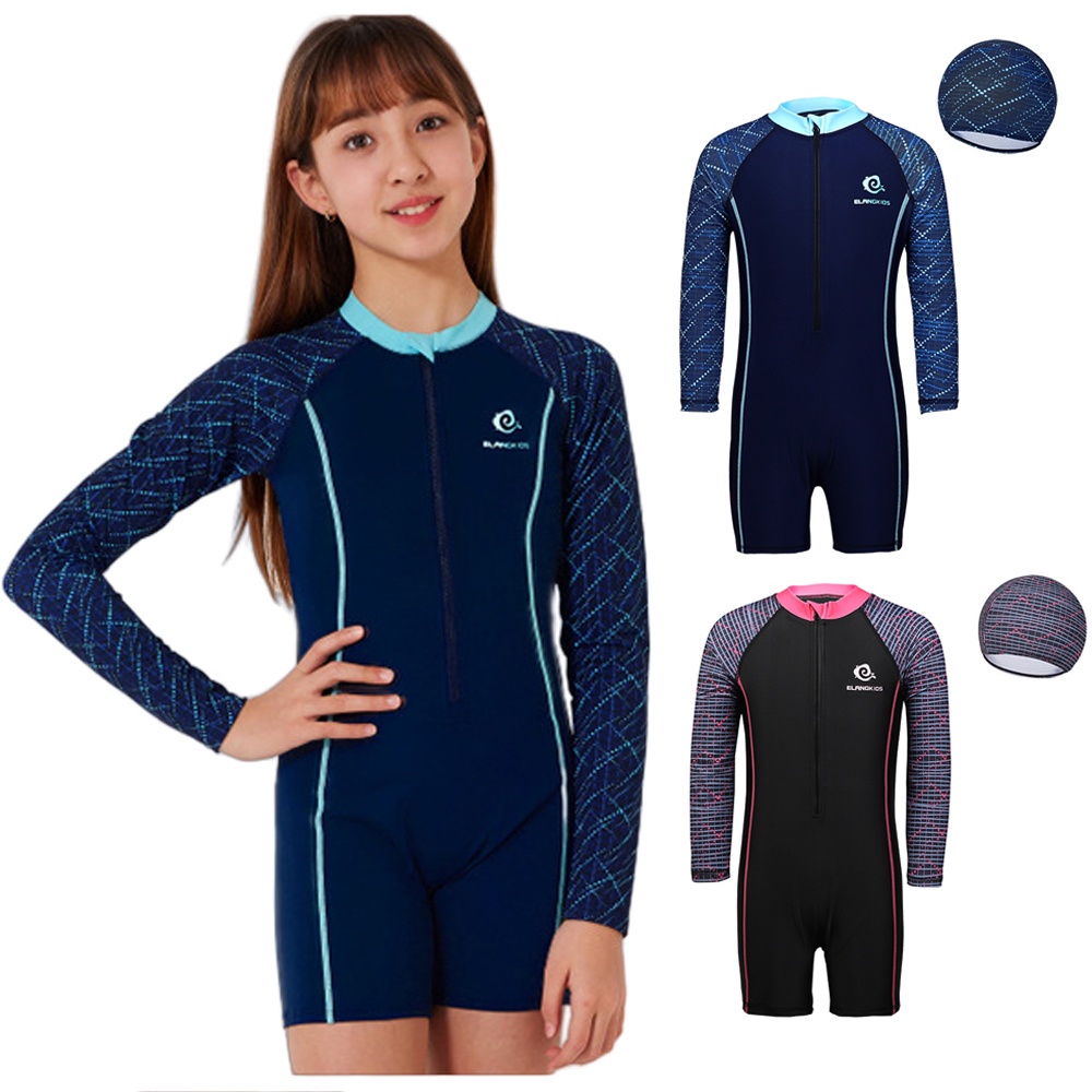 6-12Years Girls Swimwear +Swim Hat Long Sleeve One-pieces Swimming