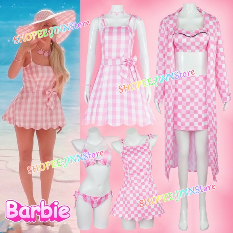 JN Pink Princess Dress Barbie Cosplay Costume Pink Plaid Beach - Main Image