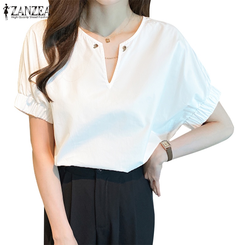 ZANZEA Women Korean Daily Short Sleeves V-Neck Cotton Linen Blouses ...
