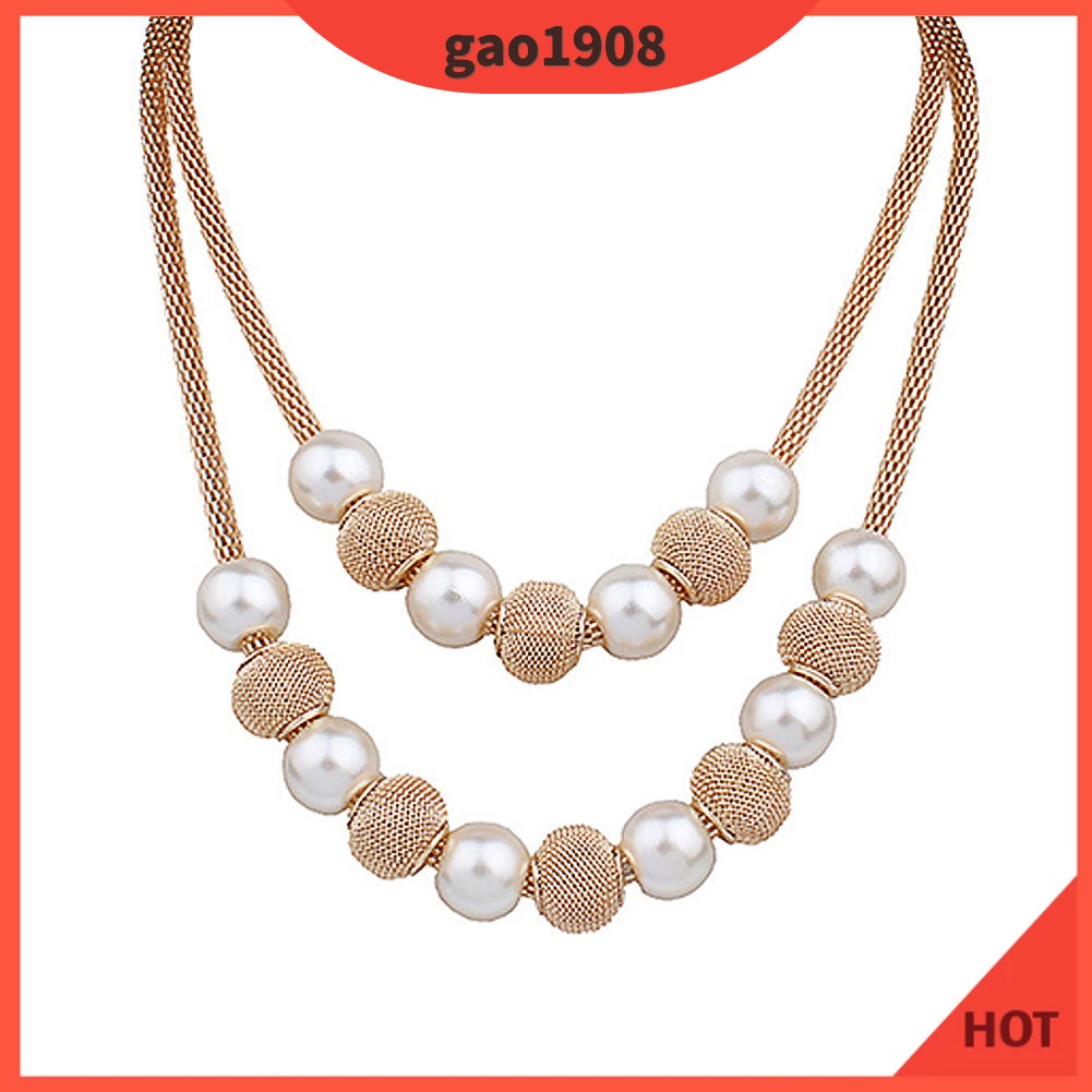 GAO| Women's Double Layers Mesh Chain Round Faux Pearl Ball Charms Necklace Fashion Jewelry