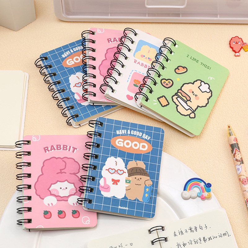 A7 Small Spiral Cute Notebook, Cartoon Rabbit Design Thick Hardcover ...