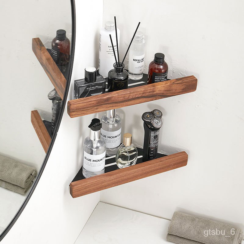 Wall Mounted Corner Storage Rack Free Punch Walnut Wood Bathroom Shelf