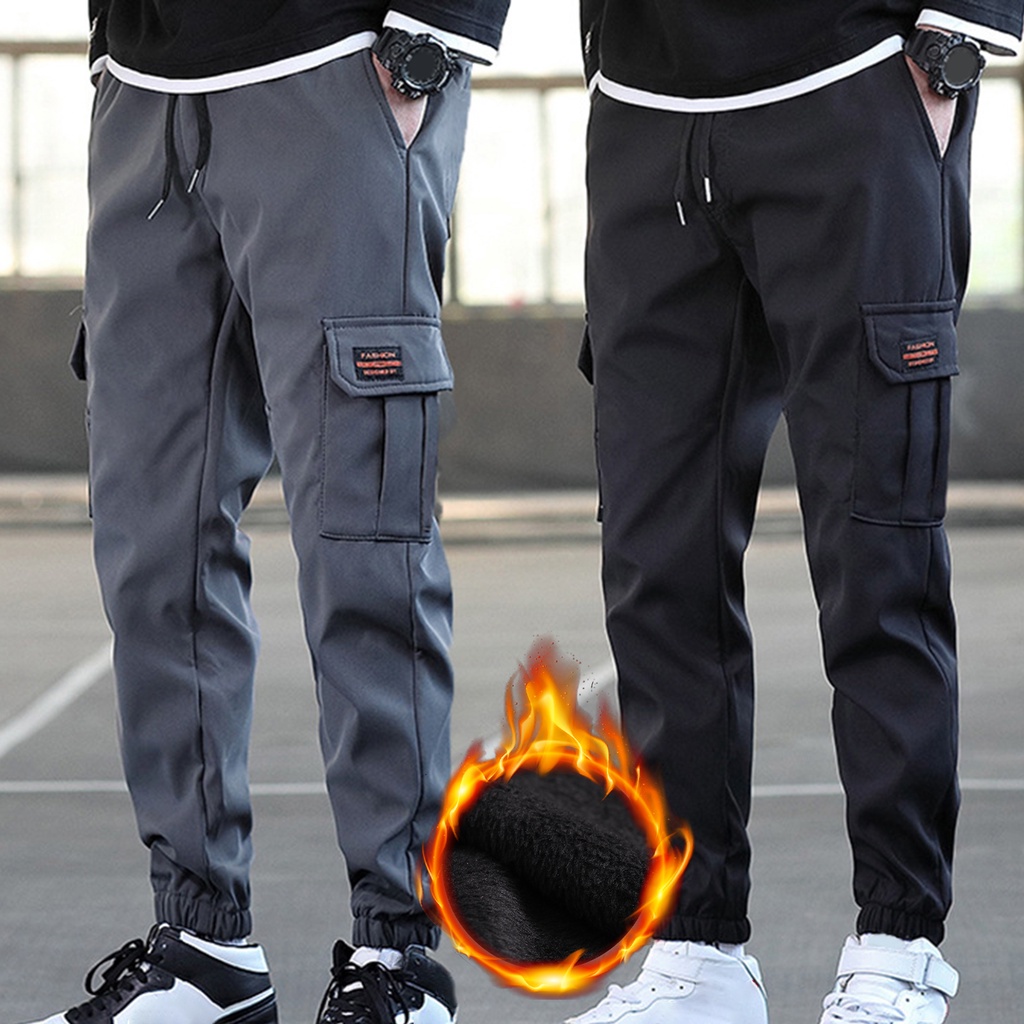 GS】Men Pants Solid Color Multi Pockets Drawstring Plush Lining Cold Proof  Autumn Winter Thicken Ankle Tied Cargo Pants for Working