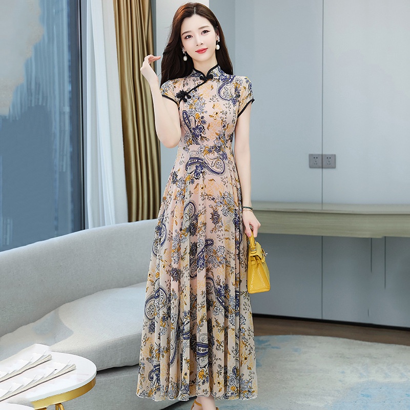 Women Summer Cheongsam Elegant Vintage Floral Pattern Mother Dress Chinese  Style Wedding Costumes Plus Size Long Qipao M To 3XL