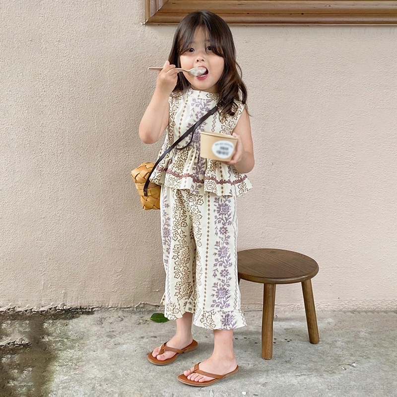 2 Pcs Girls Sleeveless Top Nine-cent Pants Resort Style Beach Suits ...