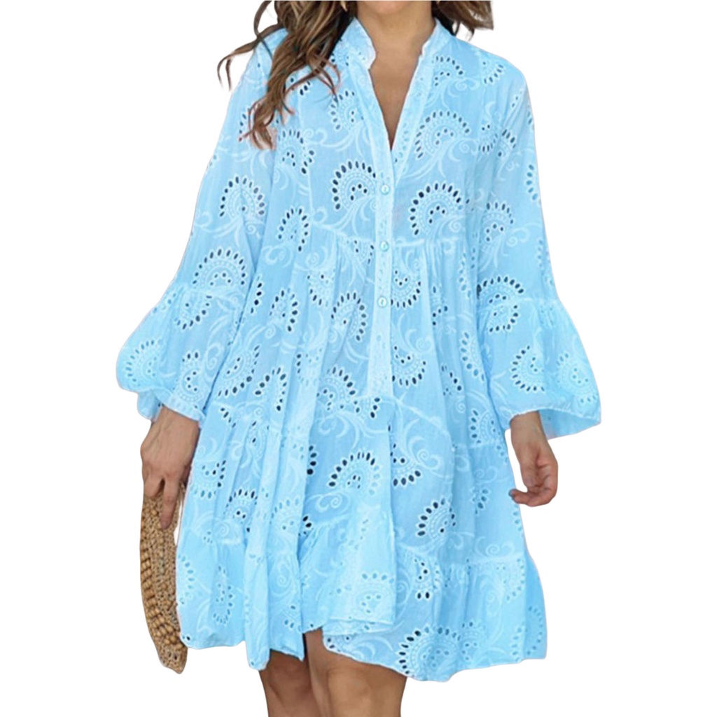 Women s Long Sleeve Sundress Embroidery Loose Summer Dresses Shopee Singapore