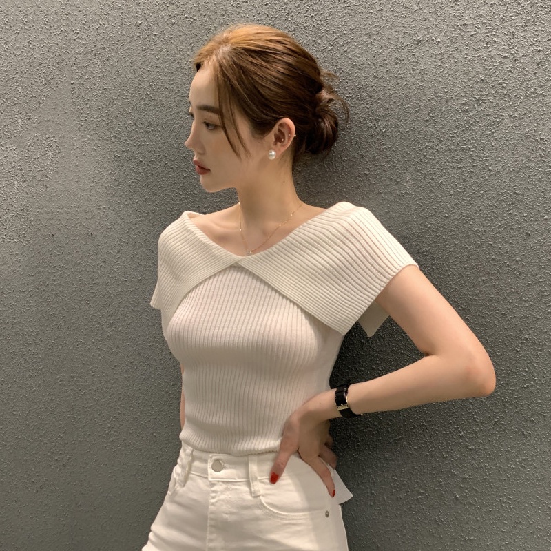 Summer New Thin Style Slim Off-shoulder Lapel Knitted Top Shopee