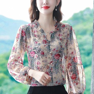 Ladies Top floral chiffon blouses for women tops ruffles stand